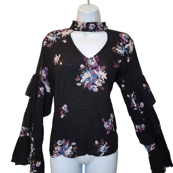 BP Floral Keyhole Blouse S | Rayon | Black Purple | Tiered Bell Sleeve - Picture 1 of 8